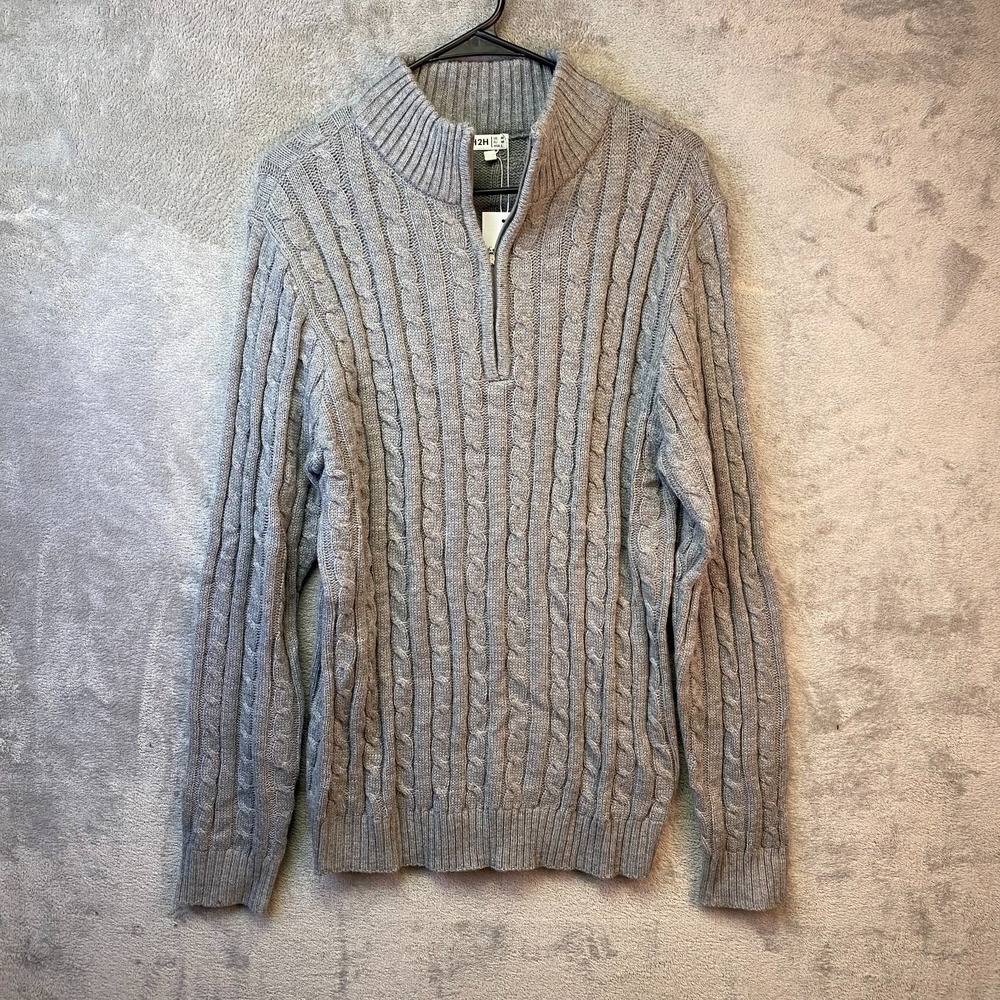 H2H Men's Cable Knit Quarter Zip Sweater US M Gray‎ Heather NWT